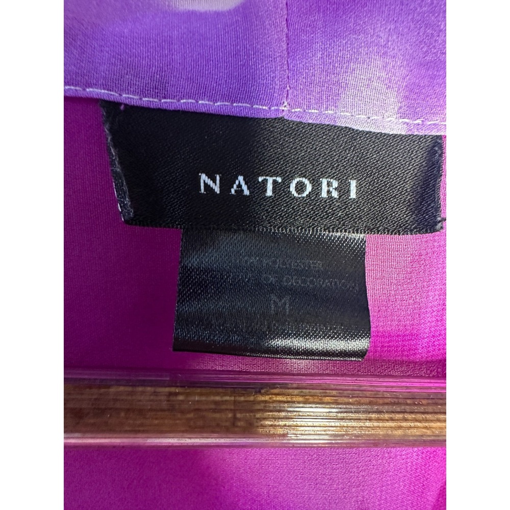 Natori Floral Watercolor Sheer Chiffon Kimono Robe Purple Tie Pockets Medium - Picture 9 of 11